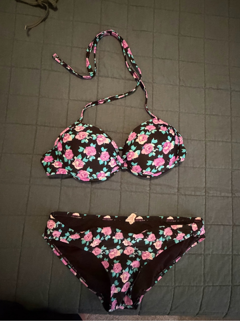 Xhilaration Black Floral Bikini Bottoms with Purple Roses